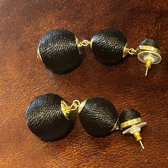 Triple Ball Drop Dangling Earrings Black and Gold - Picture 6 of 7